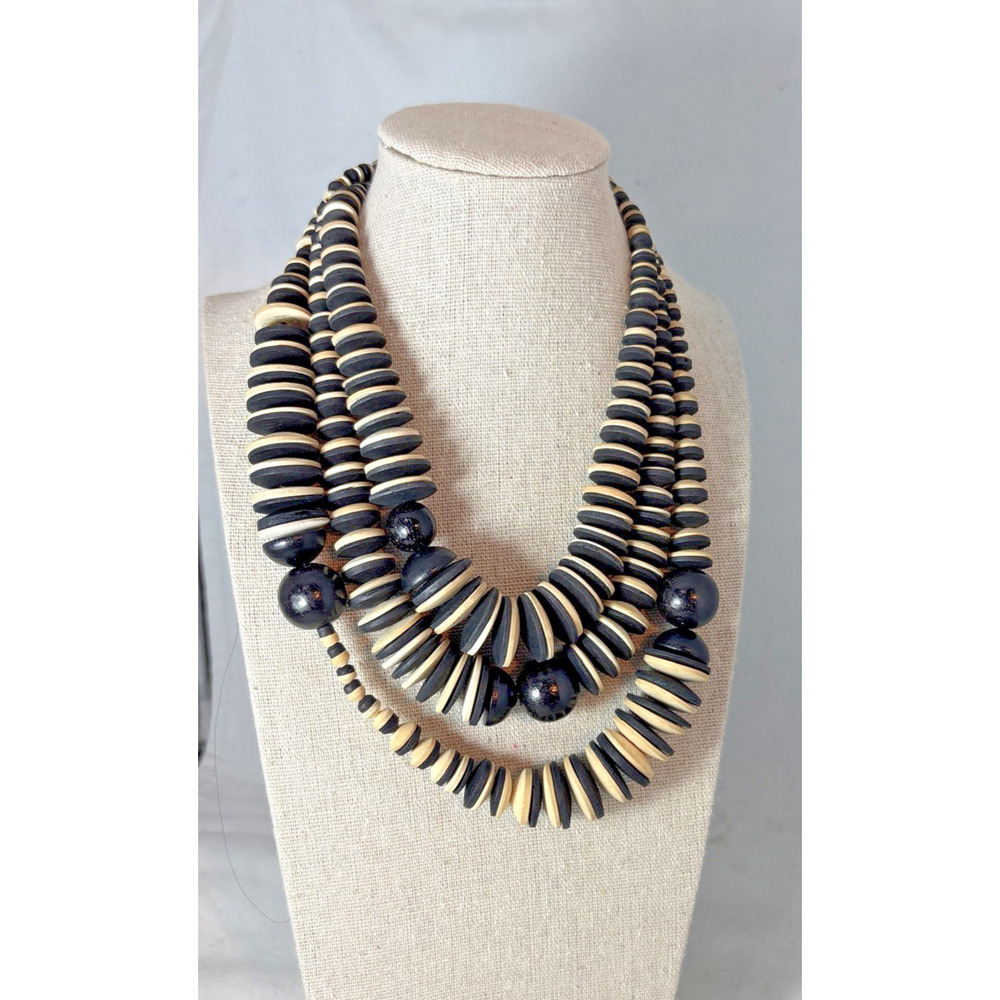 Handmade Necklace wooden Rings Black Nude Khaki Beads one of a kind vintage 70s
